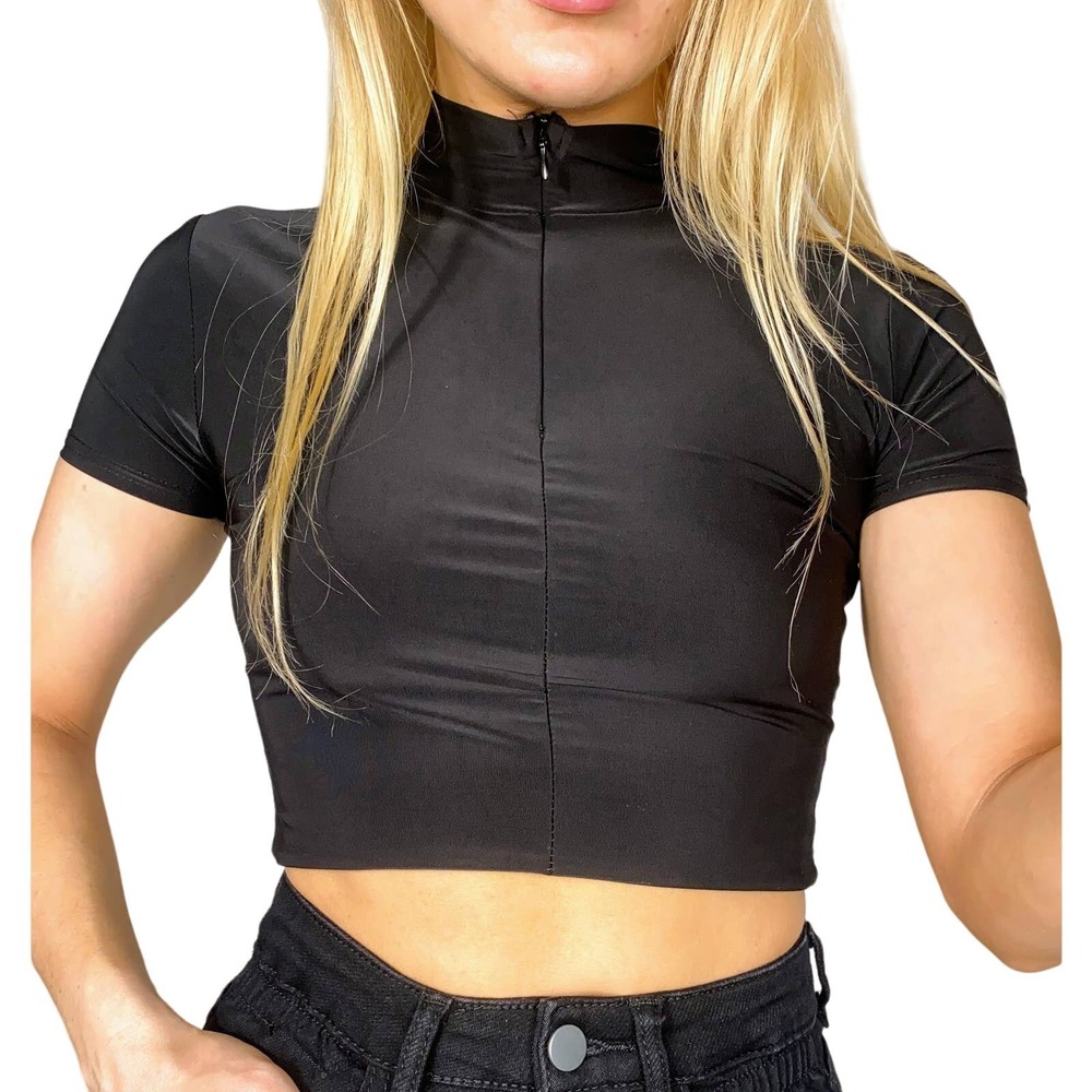 New Small Slinky Black Half Zip Short Cap Sleeve High Neck Y2k Crop Top Blouse